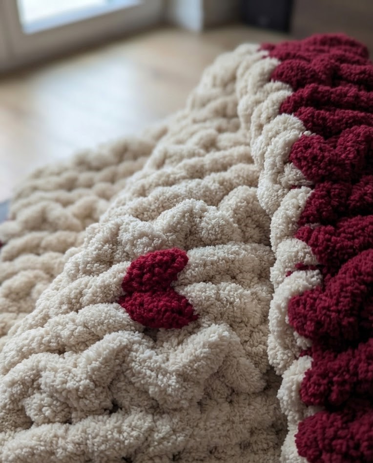 Copertina "Nuvola di Coccole" – Chunky Knit XXL Rosso & Beige -Fatto a mano-